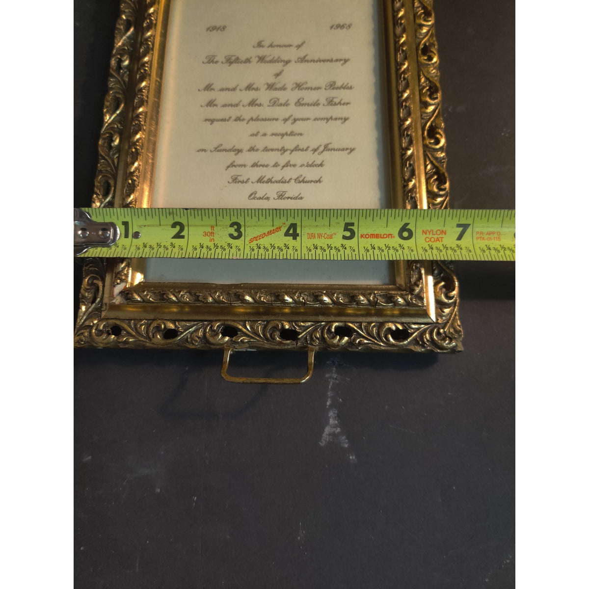 Vintage Ornate Gold Metal Picture Frame 1968 Fiftieth Anniversary Invitation