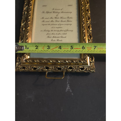 Vintage Ornate Gold Metal Picture Frame 1968 Fiftieth Anniversary Invitation