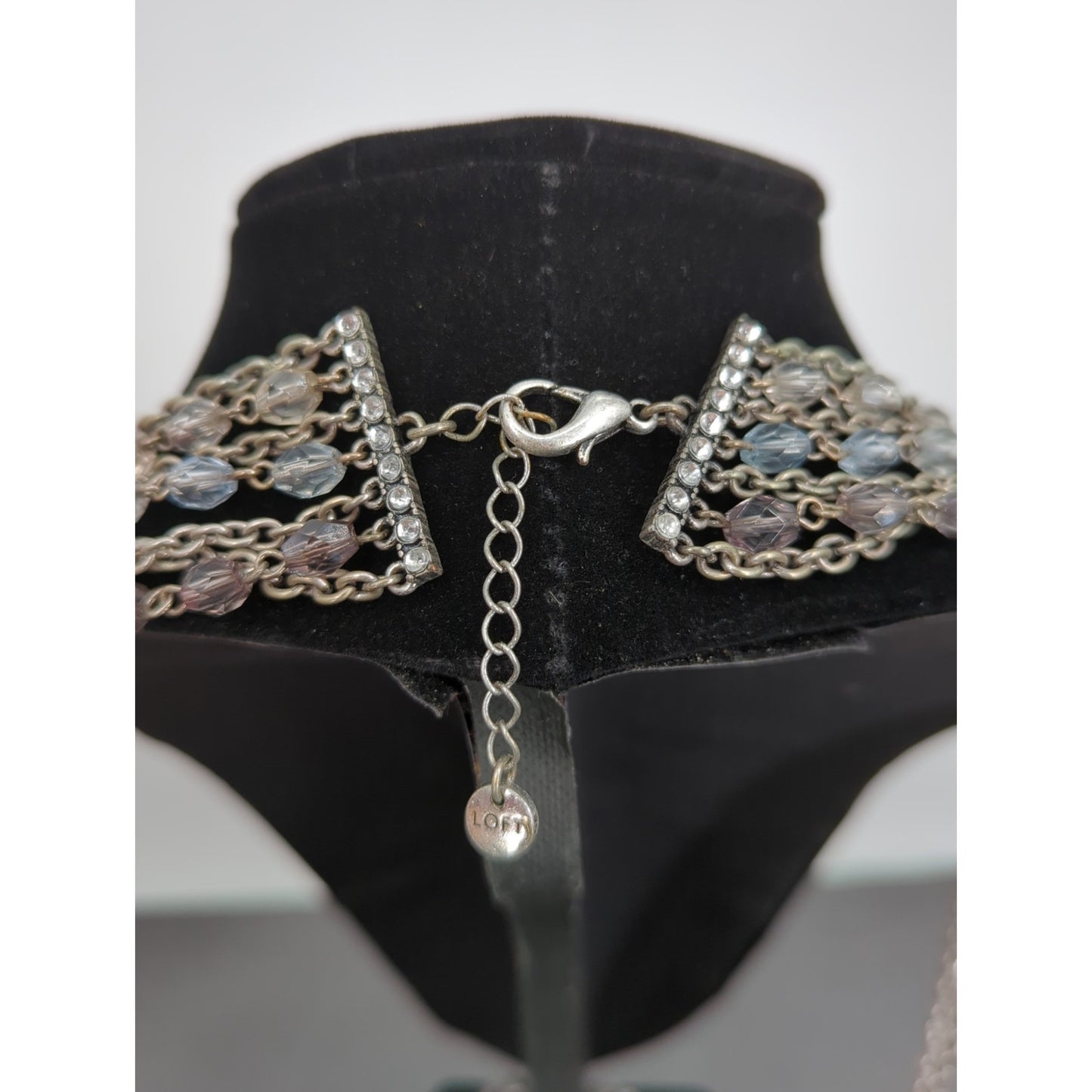 LOFT Silver Multi Strand Necklace Blue Beaded Layered Chain Waterfall Choker 14"