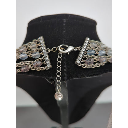 LOFT Silver Multi Strand Necklace Blue Beaded Layered Chain Waterfall Choker 14"