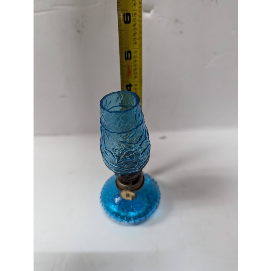 Vintage GLASS miniature oil hurricane lamp textured 1960s Flash painted BLUE 4"