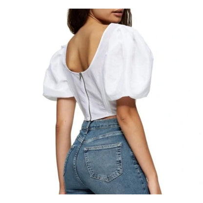 Topshop White Cropped Corset Puff Sleeve Top Parachute Silver Zipper New SIZE 10
