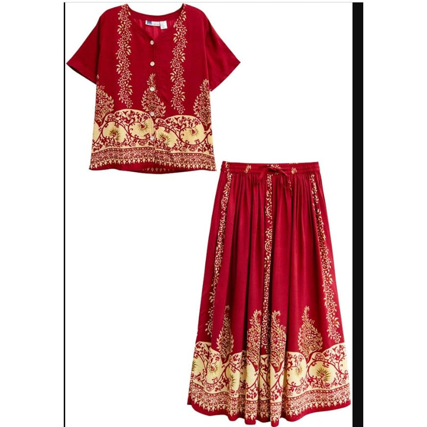 NEW LA CERA Women's Petite Large 2-Piece Printed Blouse Skirt Set Burgundy BOHO