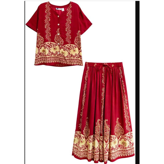 NEW LA CERA Women's Petite Large 2-Piece Printed Blouse Skirt Set Burgundy BOHO