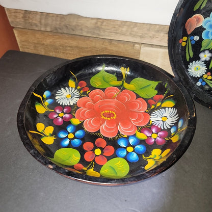Pair Vintage Mexican Batea wooden bowls Hand painted floral bird folk art black