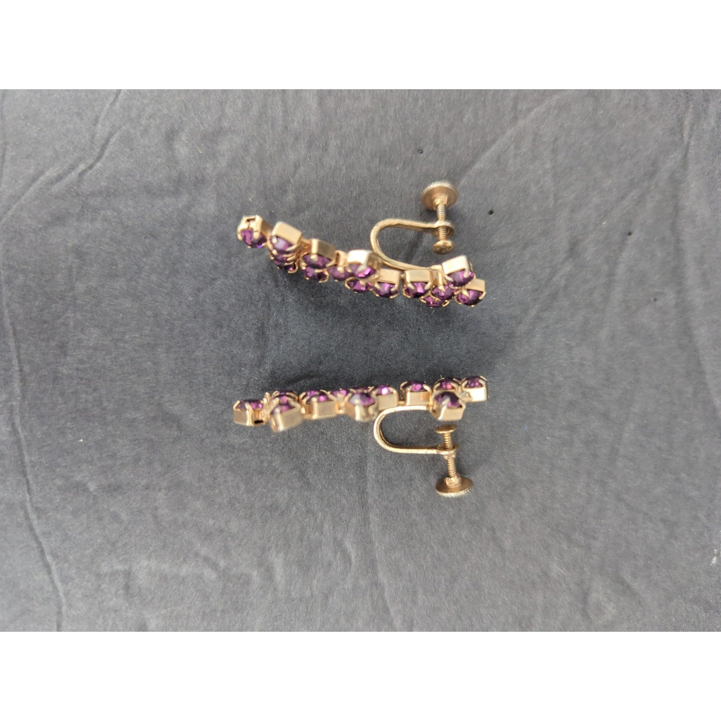 Vintage Gold Tone Purple Rhinestone Cross Dangle Earrings Screw Back Retro 1960s