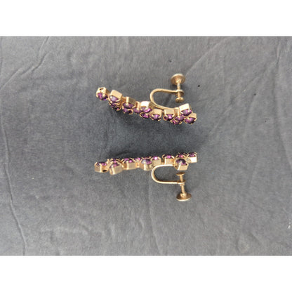 Vintage Gold Tone Purple Rhinestone Cross Dangle Earrings Screw Back Retro 1960s
