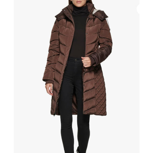 Kenneth Cole Plus Medium Faux-Fur-Trim Hooded Puffer Coat Jacket full Zip NEW