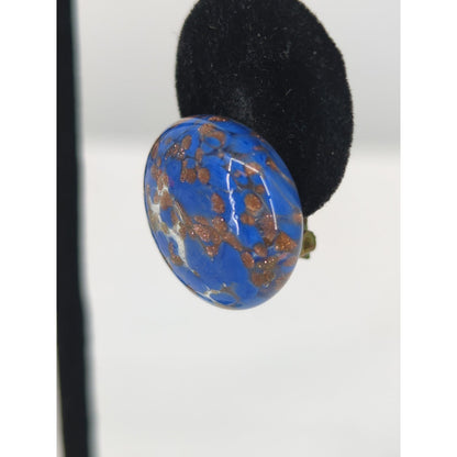 Vintage Blue Gold Fleck Glass Cabochon Clip-On Earrings Retro Mod Round