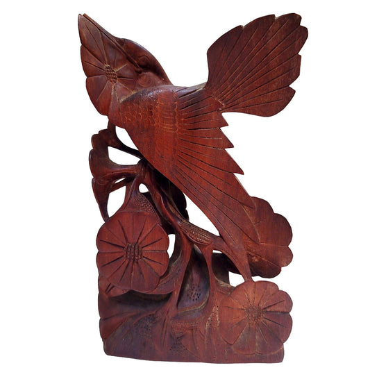 Hand carved wood bird Bali Signed numbered Intricate detail Fowl Heron Flowers