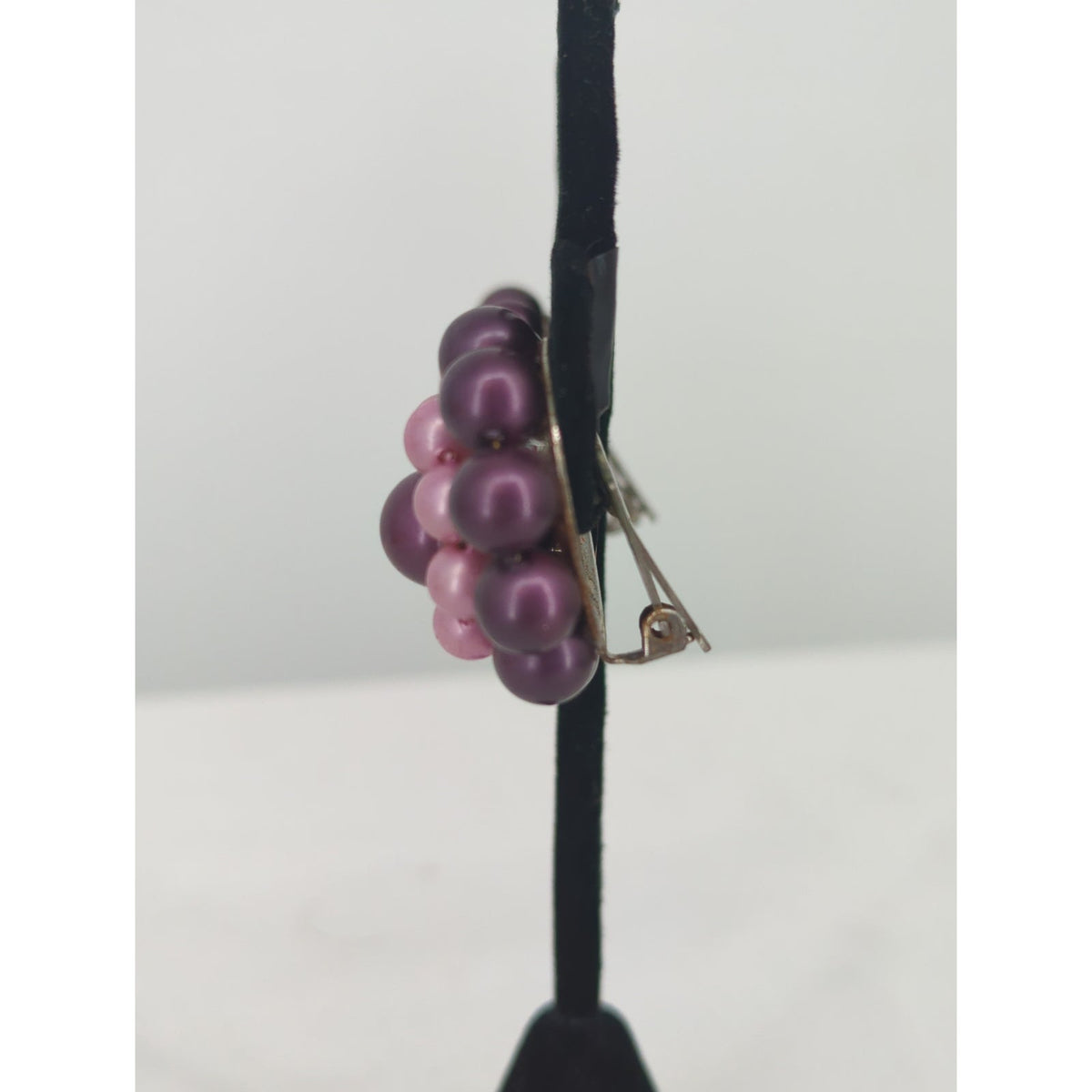 Vintage Two Tone Purple Pink Faux Pearl Cluster Clip On Earrings Mid Century