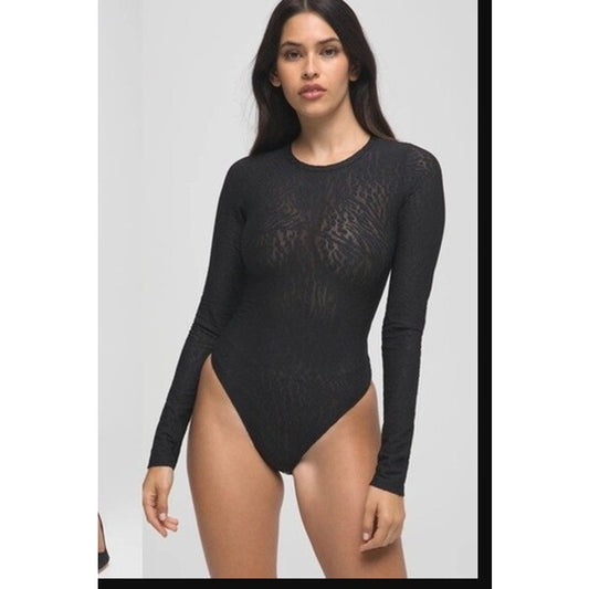 Good American Brushed Animal Print Mesh Bodysuit NWT Size 4 Long Sleeve Black