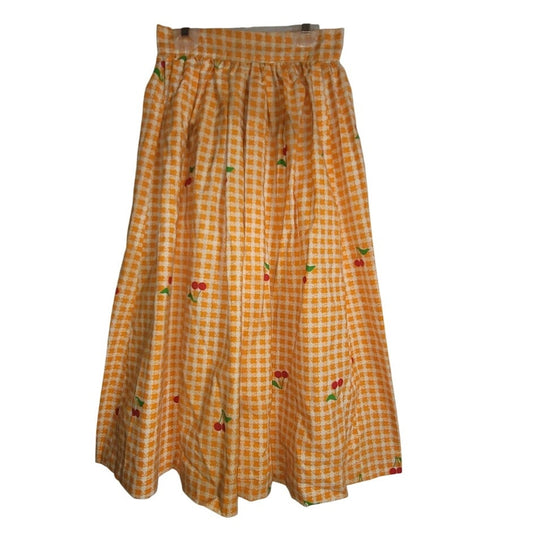 Vintage Checkered Gingham Skirt Orange Cherries Handmade XXS womens fIt flare