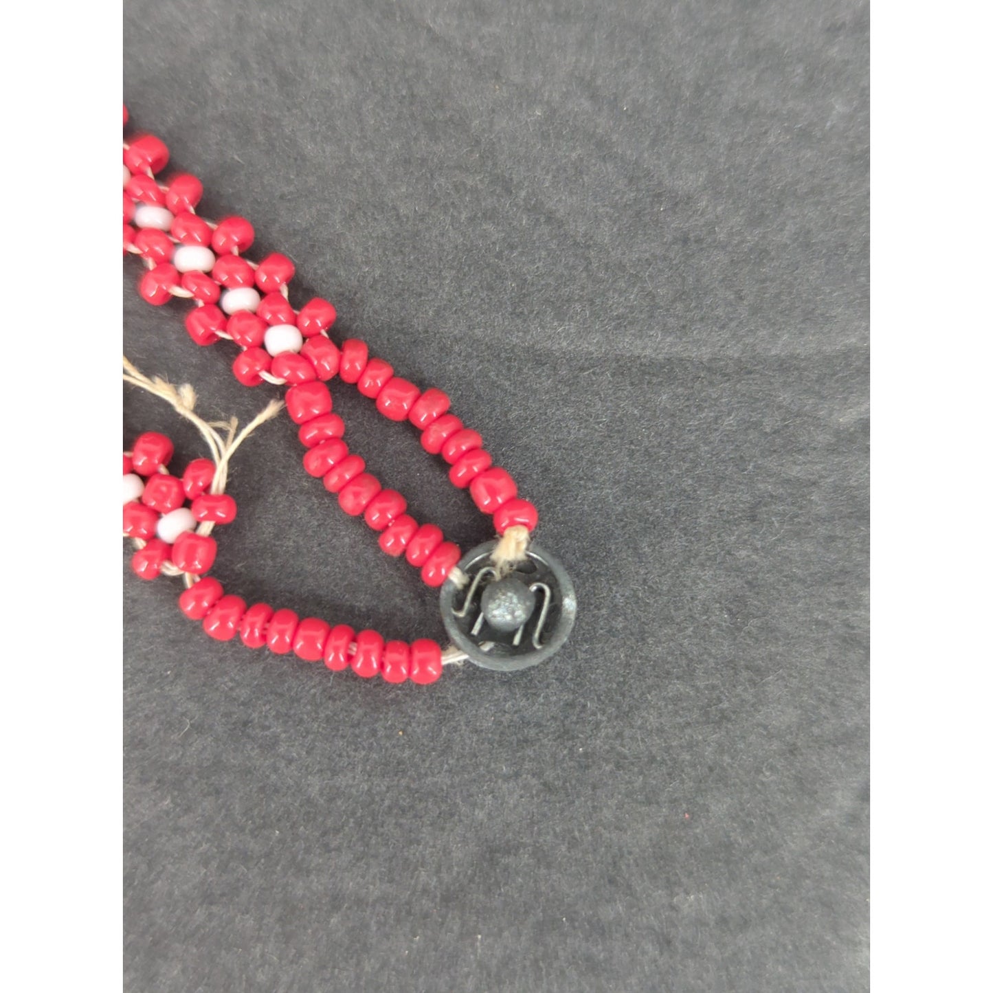 Vintage Folk Art Beaded Doll Pendant Necklace Red & White Mexican Otomi Style