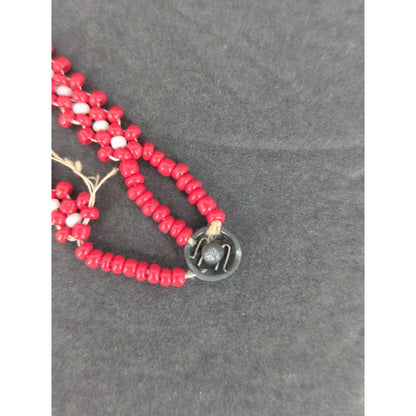 Vintage Folk Art Beaded Doll Pendant Necklace Red & White Mexican Otomi Style