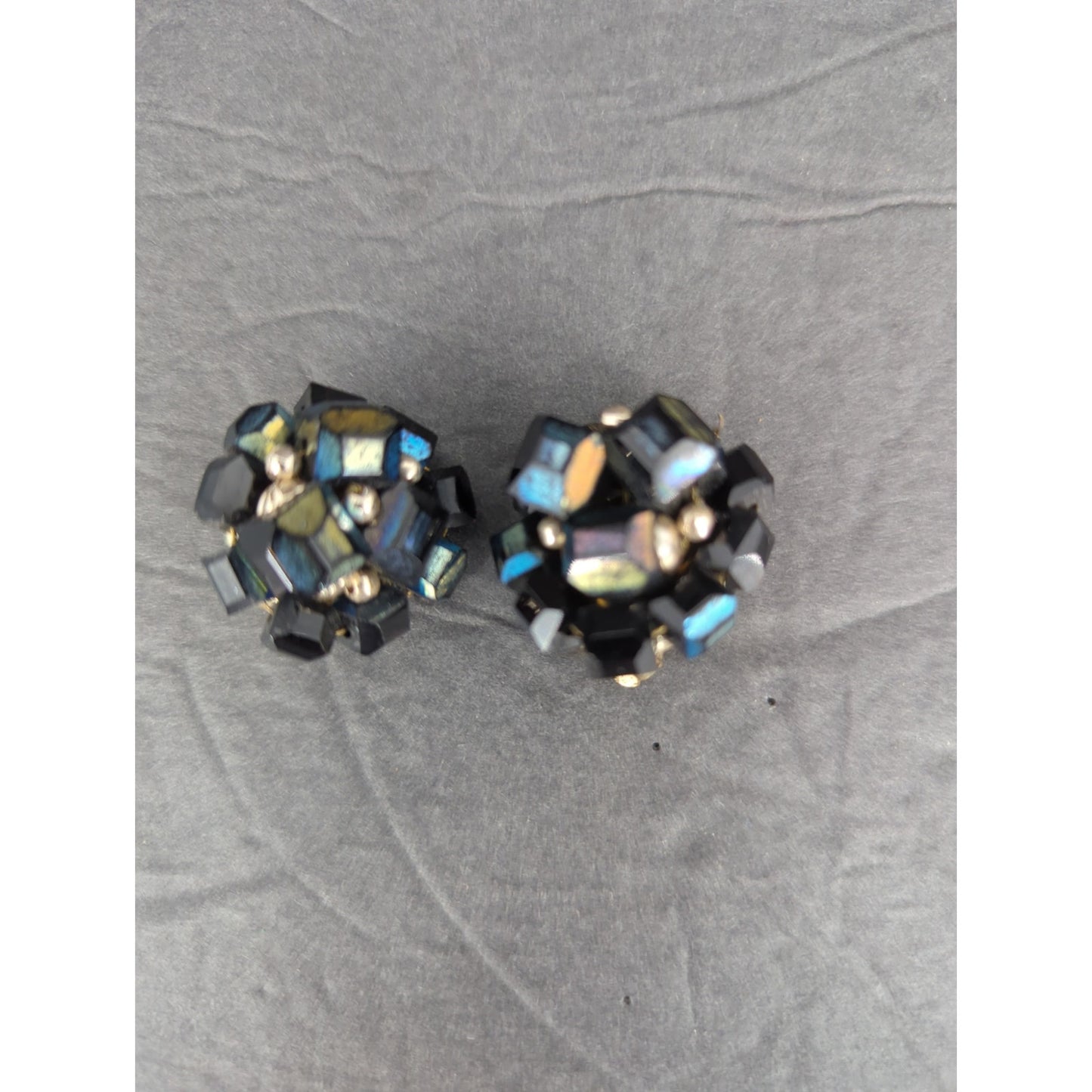 Vintage Iridescent Crystal Bead Cluster Clip On Earrings Retro Disco 1960s