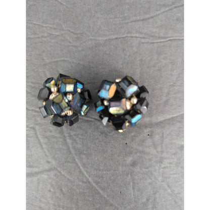Vintage Iridescent Crystal Bead Cluster Clip On Earrings Retro Disco 1960s