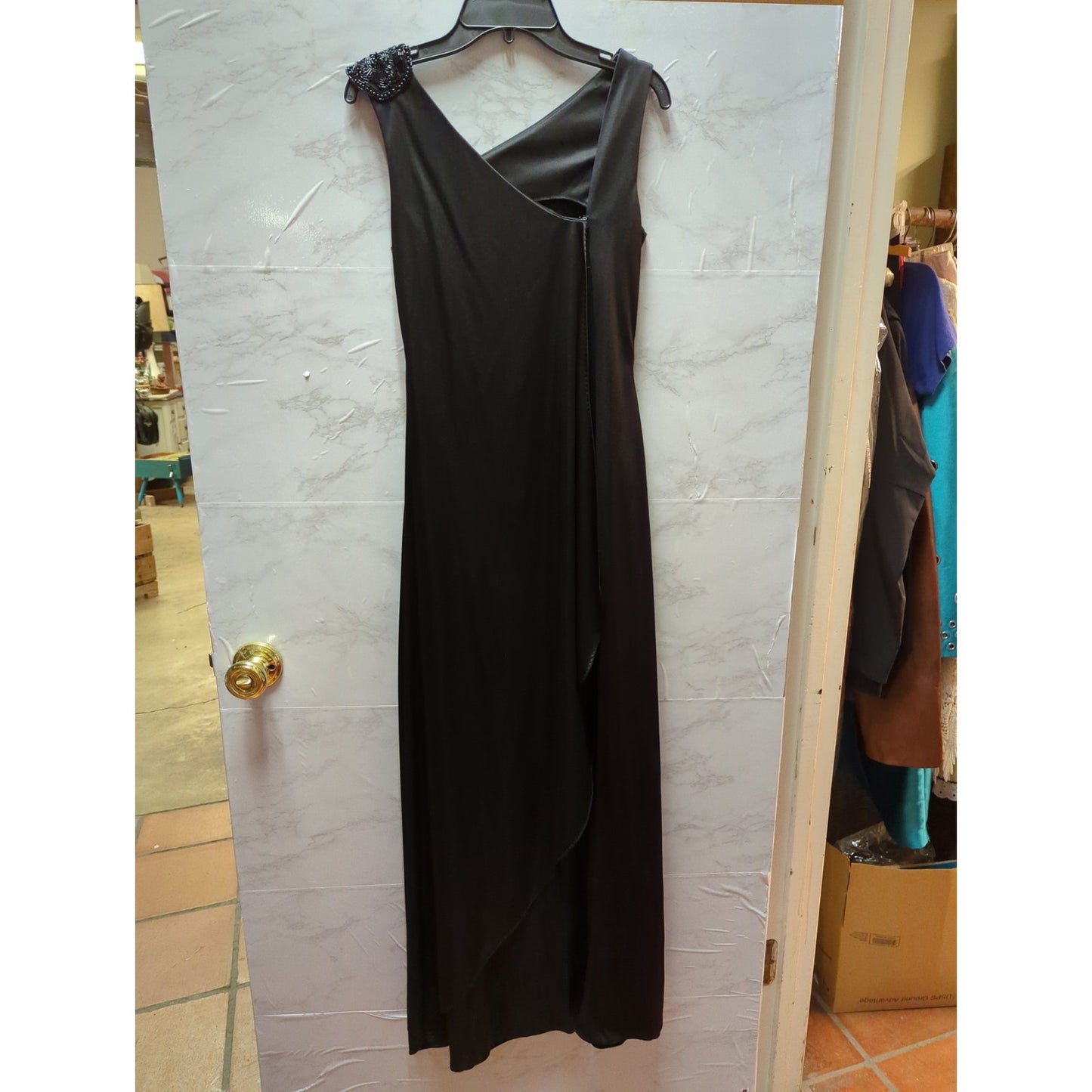 Vintage Black Asymmetrical Beaded Strap Satin Finish Midi Gown Dress Extra Small