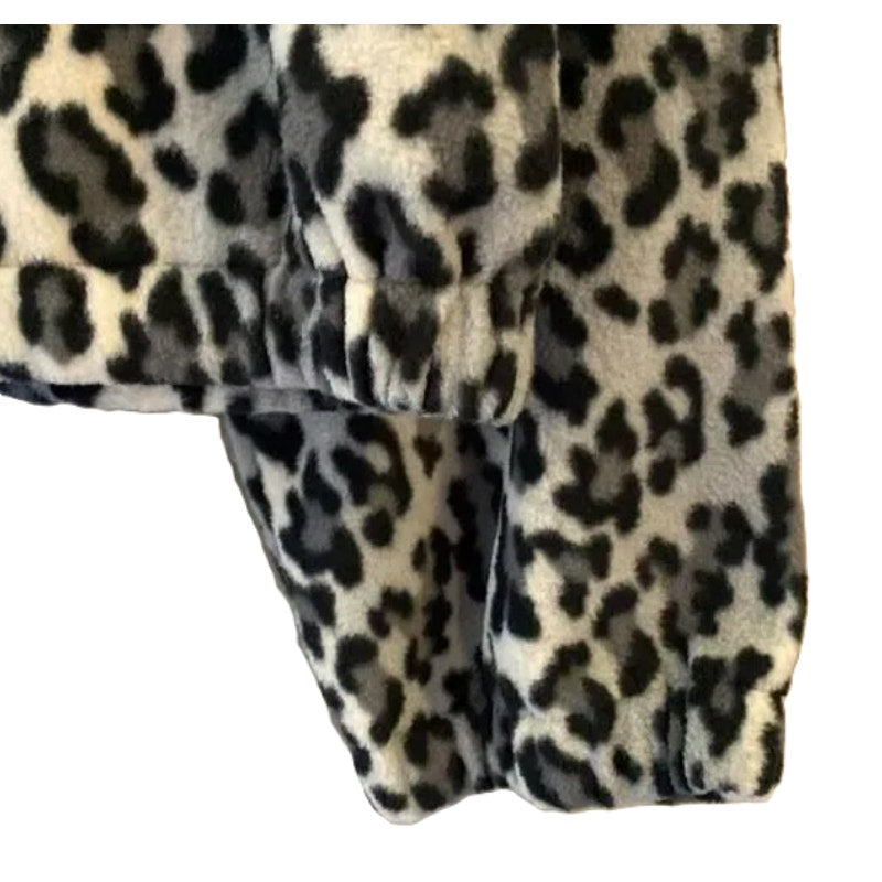 NWT Abound Crop Drawstring Cozy Fleece Top Sz XXS/2XS in Black Giada Leopard