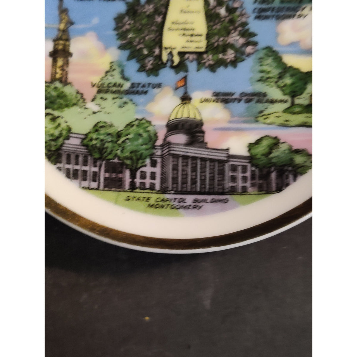 Vintage Souvenir Ceramic Collector Plate Alabama State Landmarks Gold Trim