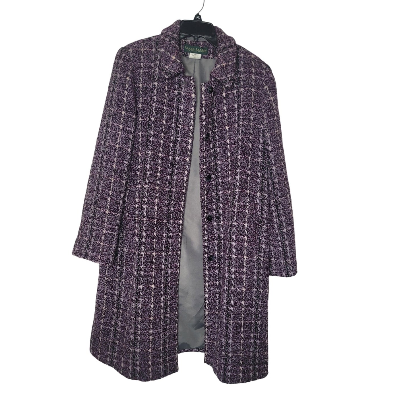 Herve Bernard Purple Coat Plaid wool Size 14 Knee Length Coat button front lined