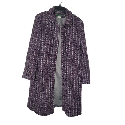 Herve Bernard Purple Coat Plaid wool Size 14 Knee Length Coat button front lined