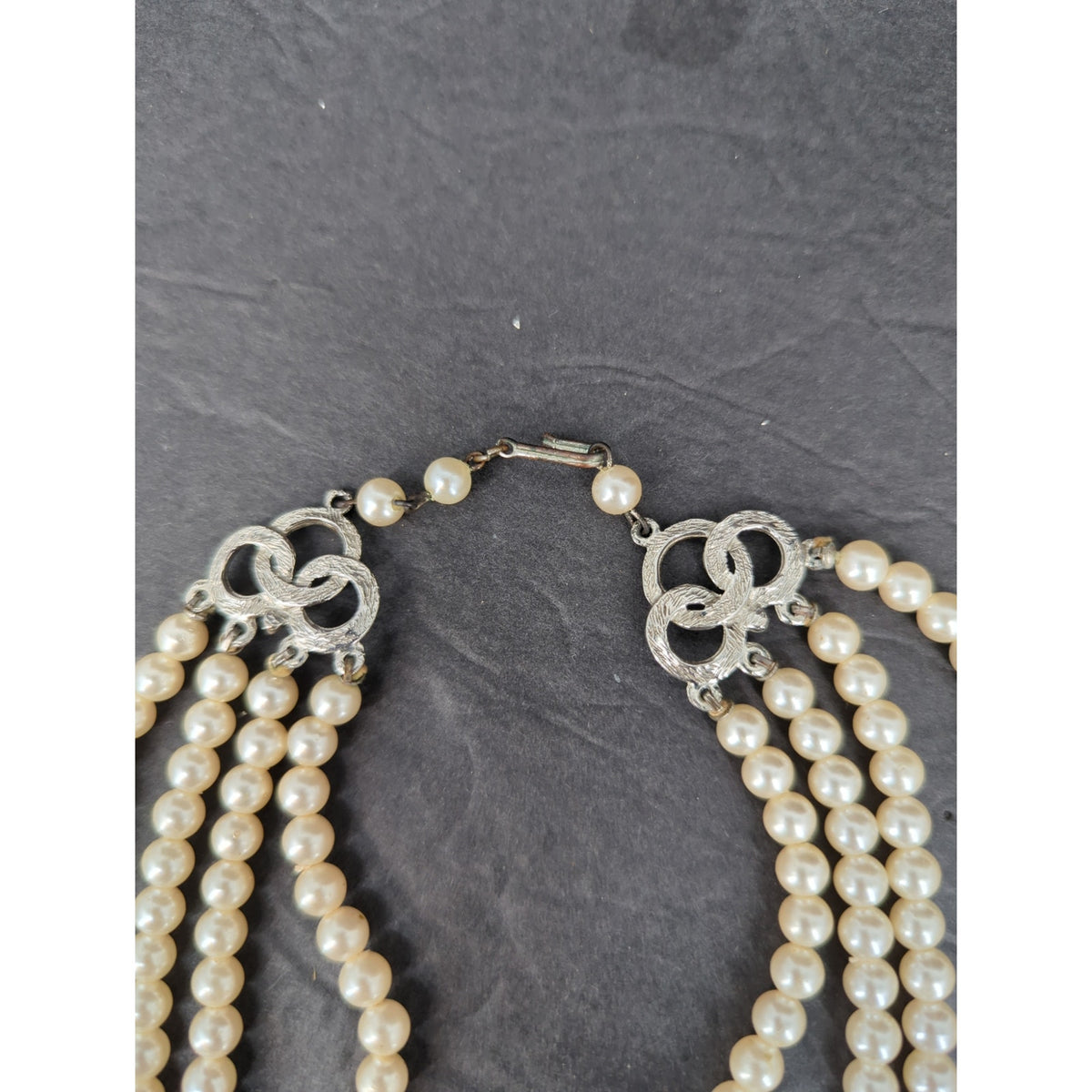 Vintage Multi Strand Faux Pearl Rhinestone Choker Collar Necklace French Country