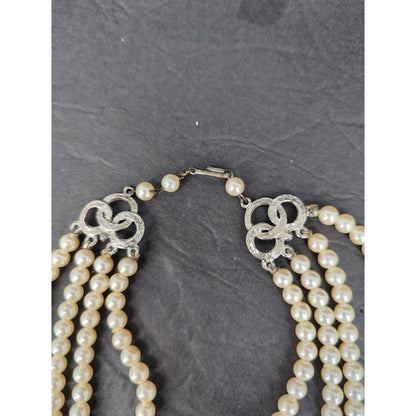 Vintage Multi Strand Faux Pearl Rhinestone Choker Collar Necklace French Country