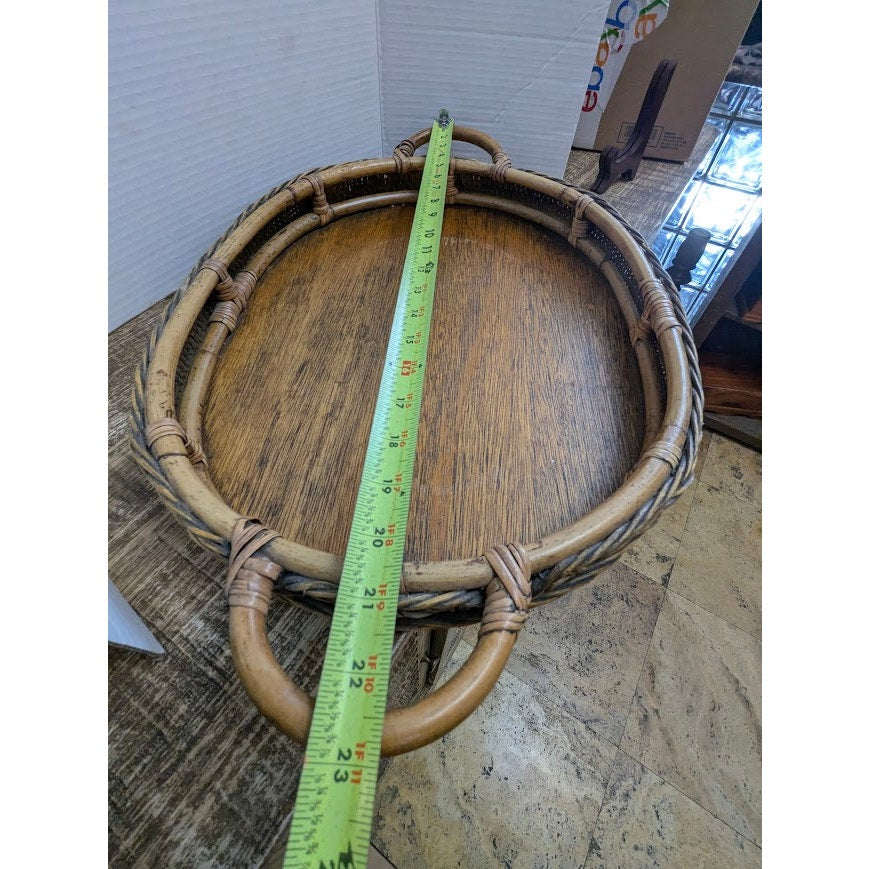 Vintage Rattan and Wicker Oval Serving Tray with Woven Trim and Handles