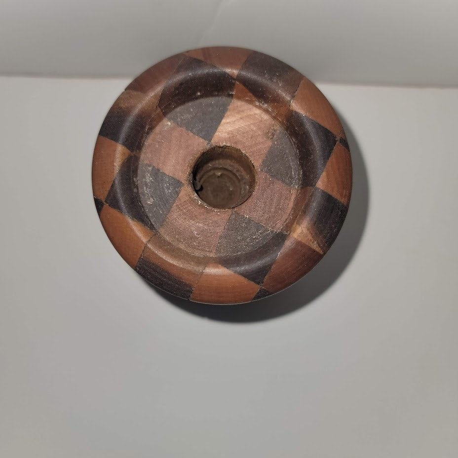 Vintage Taper Candlestick Holder Inlaid Turned Wood Marquetry Signed 1983 gift