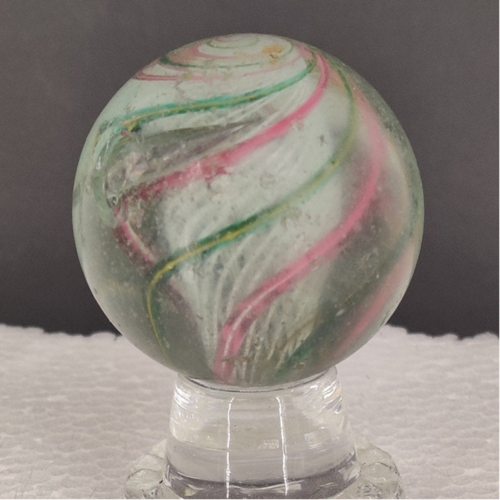 Antique German Glass Marble Swirl Pink Green Giant 1-7/8" Minor Wear Nicks #C1