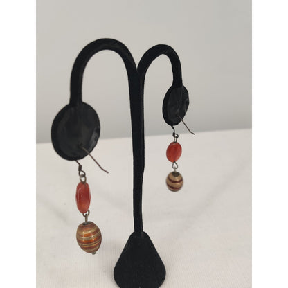Vintage Carnelian And Striped Bead Dangle Earrings