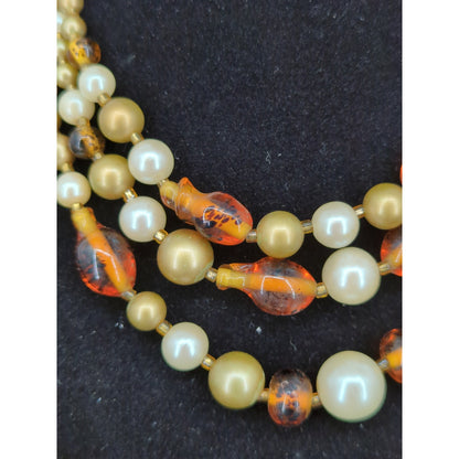 Vintage Multi Strand Amber & Pearl Bead Necklace Mid-Century Statement Jewelry
