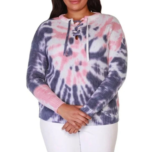 belle by belldini tie dye lace-up sweater navy/pink guava SMALL new PULLOVER