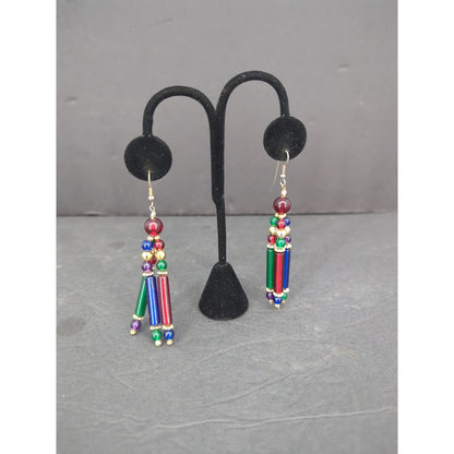Vintage Beaded Fringe Dangle Earrings Southwestern Boho Pierced Statement