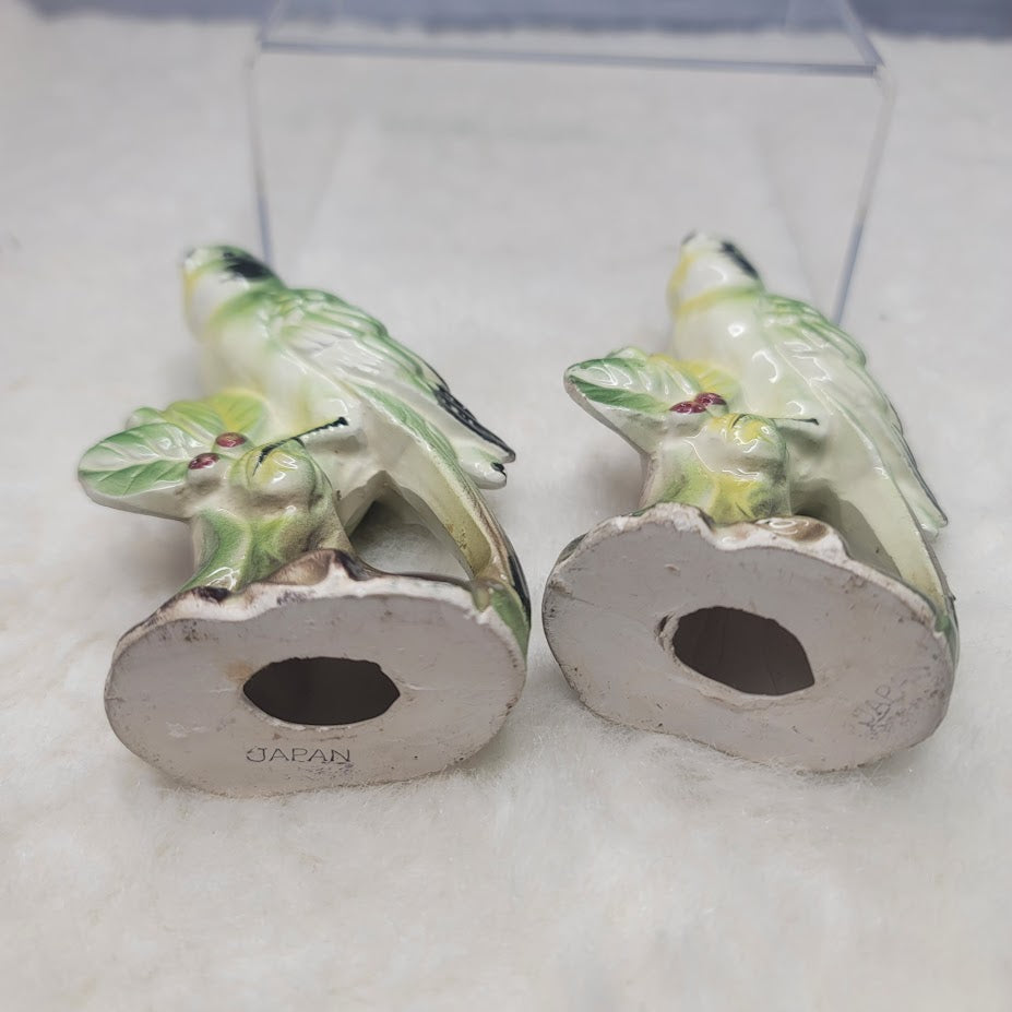 Vibrant Hand-Painted Japanese Ceramic Parakeet Duo 1960s Green Yellow Kitschy