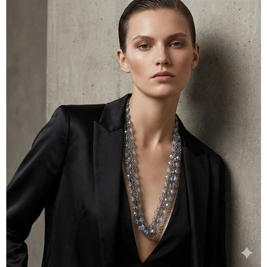 LOFT Silver Multi Strand Necklace Blue Beaded Layered Chain Waterfall Choker 14"