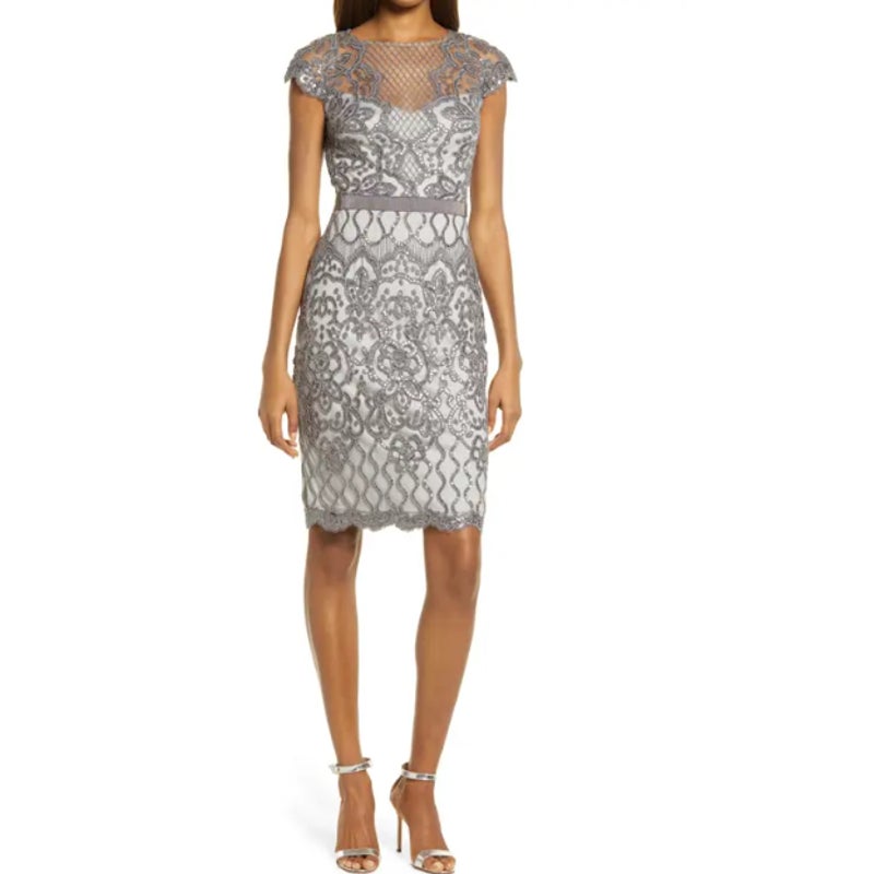 Tadashi Shoji Lace Sequin Cocktail Tea Party Gown size 8 Mist Gray NEW