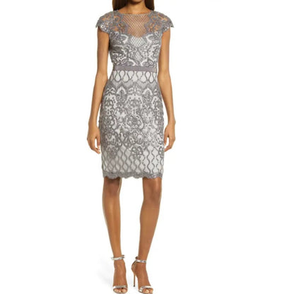 Tadashi Shoji Lace Sequin Cocktail Tea Party Gown size 8 Mist Gray NEW