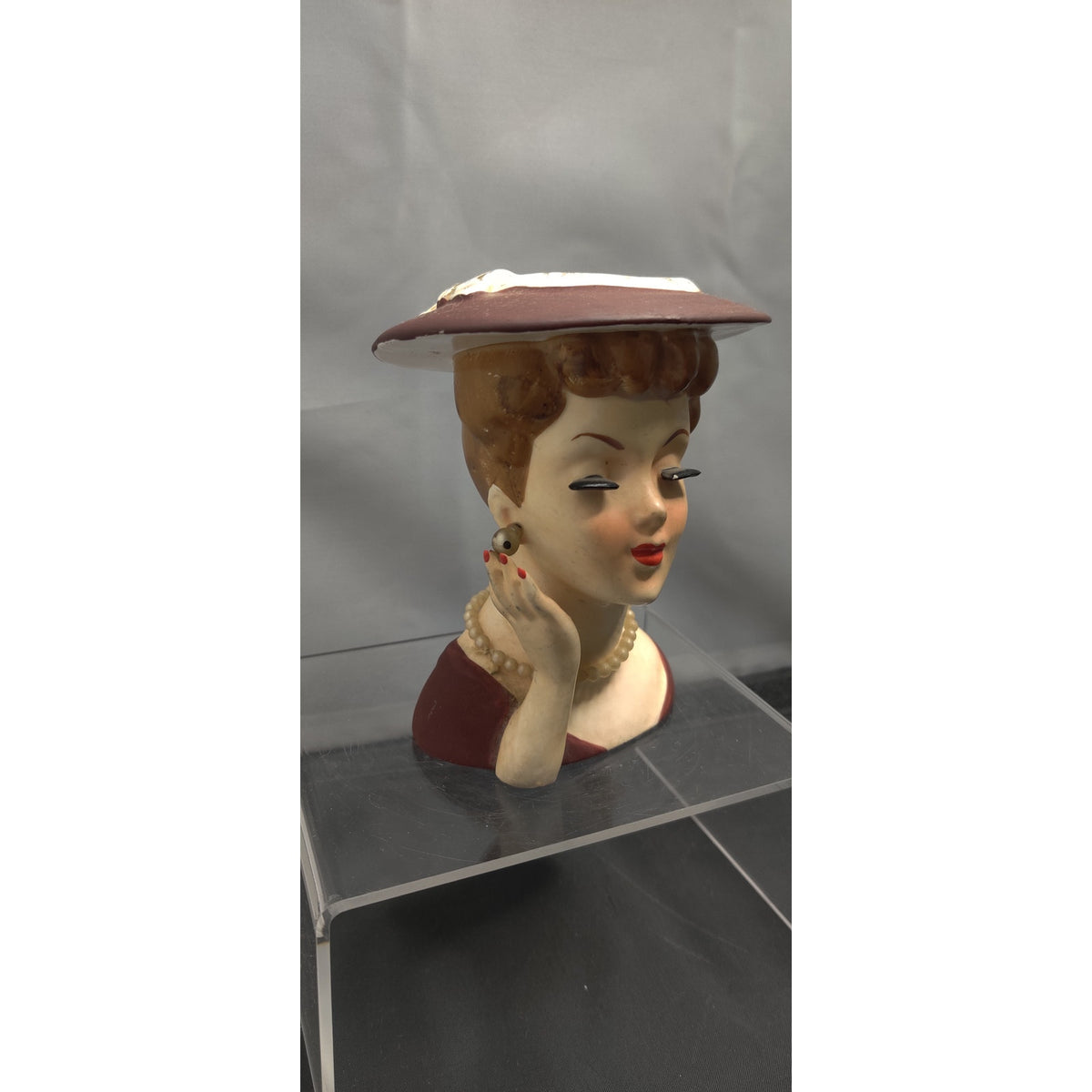 Retro Burgundy Lady Headvase Planter MCM Kitsch Glamour Ceramic Vase Home Decor