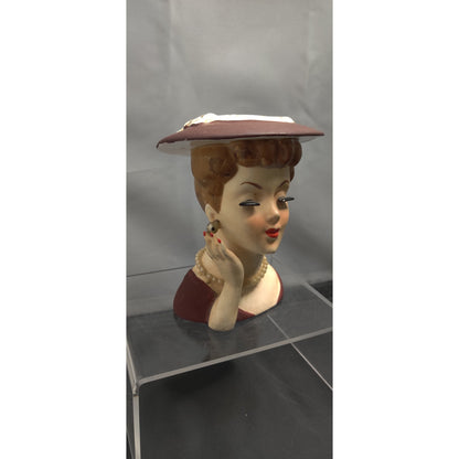 Retro Burgundy Lady Headvase Planter MCM Kitsch Glamour Ceramic Vase Home Decor
