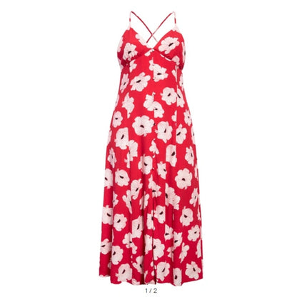 LEITH Cami Maxi Dress In Red Beetroot Linear Floral XXS NEW Summer Poppies