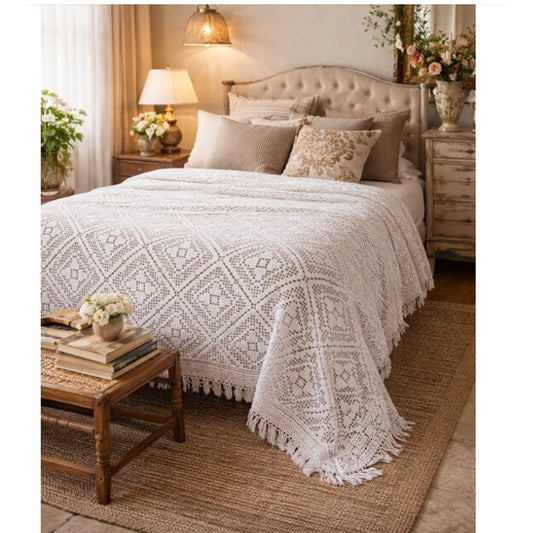 Queen Vintage Crocheted Coverlet with Fringe 88" x 76" Farmhouse grannycore