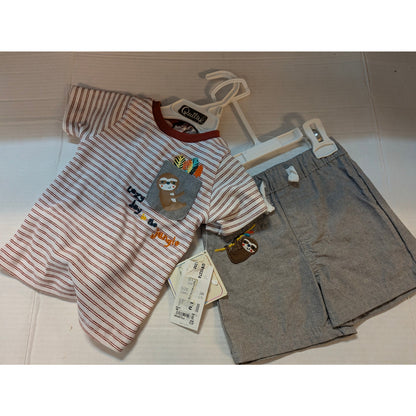 NWT Quiltex Baby Boys Sloth Stripe T-Shirt & Shorts Set 12 Months