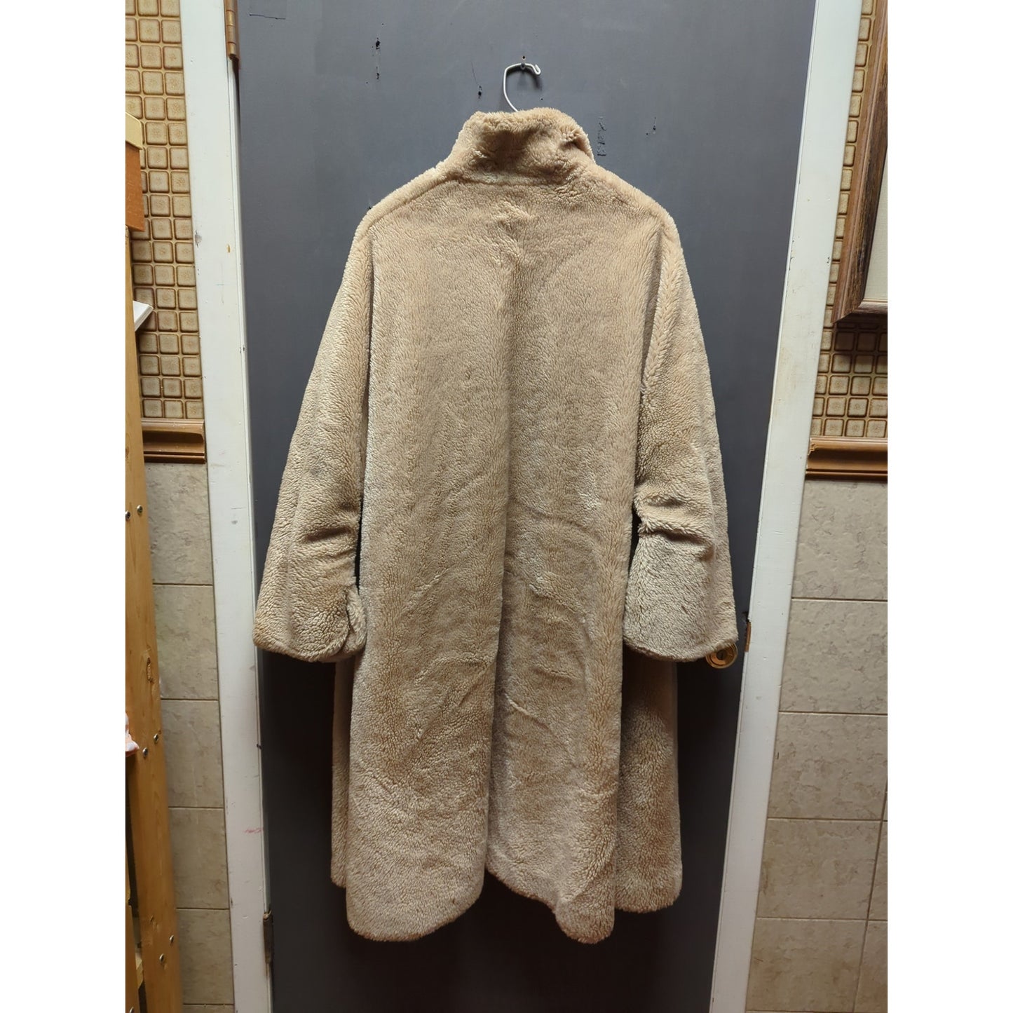 Vintage Camel Tan Faux Fur Midi Coat XL Open Front