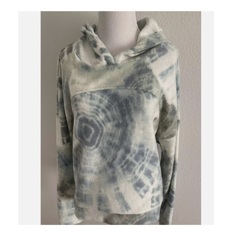 Pullover Fleece Hoodie Socialite Womens Blue Green Tie Dye Print Size SMALL NWT
