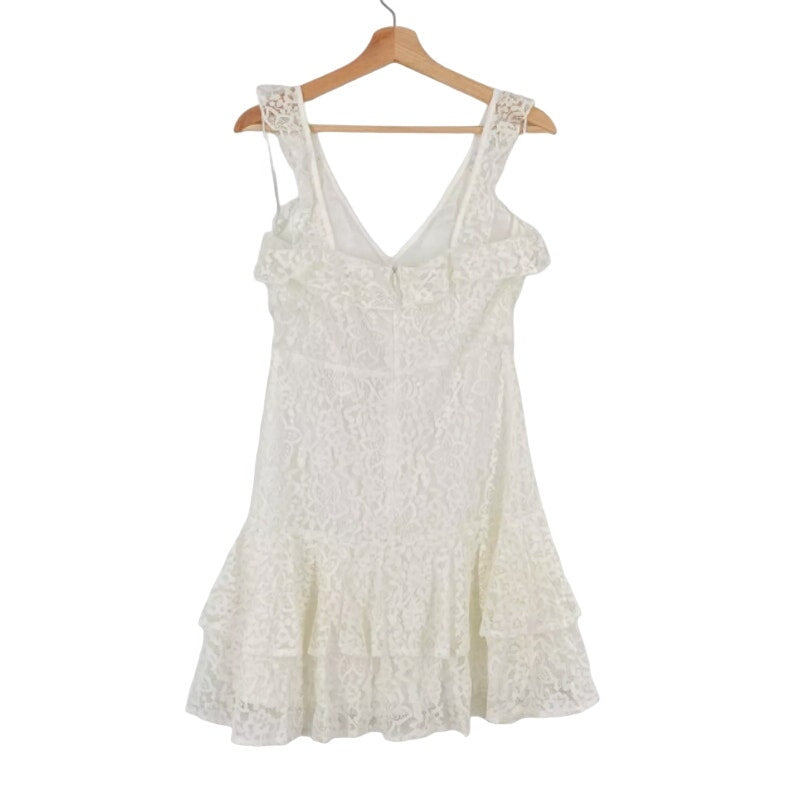 All in Favor Lace Ruffle Dress Layered A-Line Mini White Wedding Party SMALL NEW