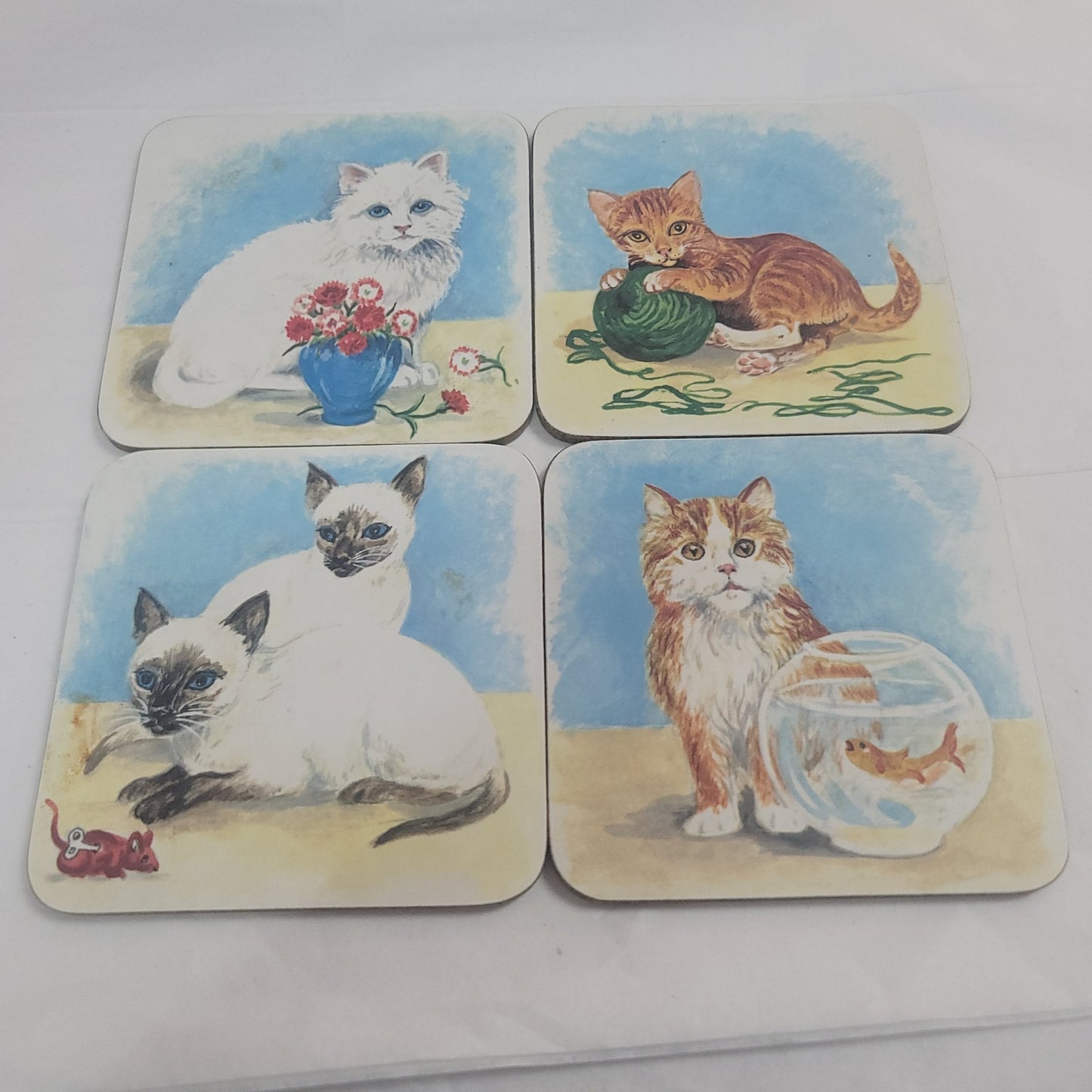 Set of 4 Vintage kitty Cat drink coasters tabby 4" table