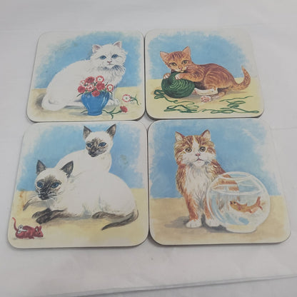 Set of 4 Vintage kitty Cat drink coasters tabby 4" table