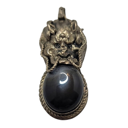 Silver and Onyx Dragon head Amulet Pendant Costume Jewely 2"
